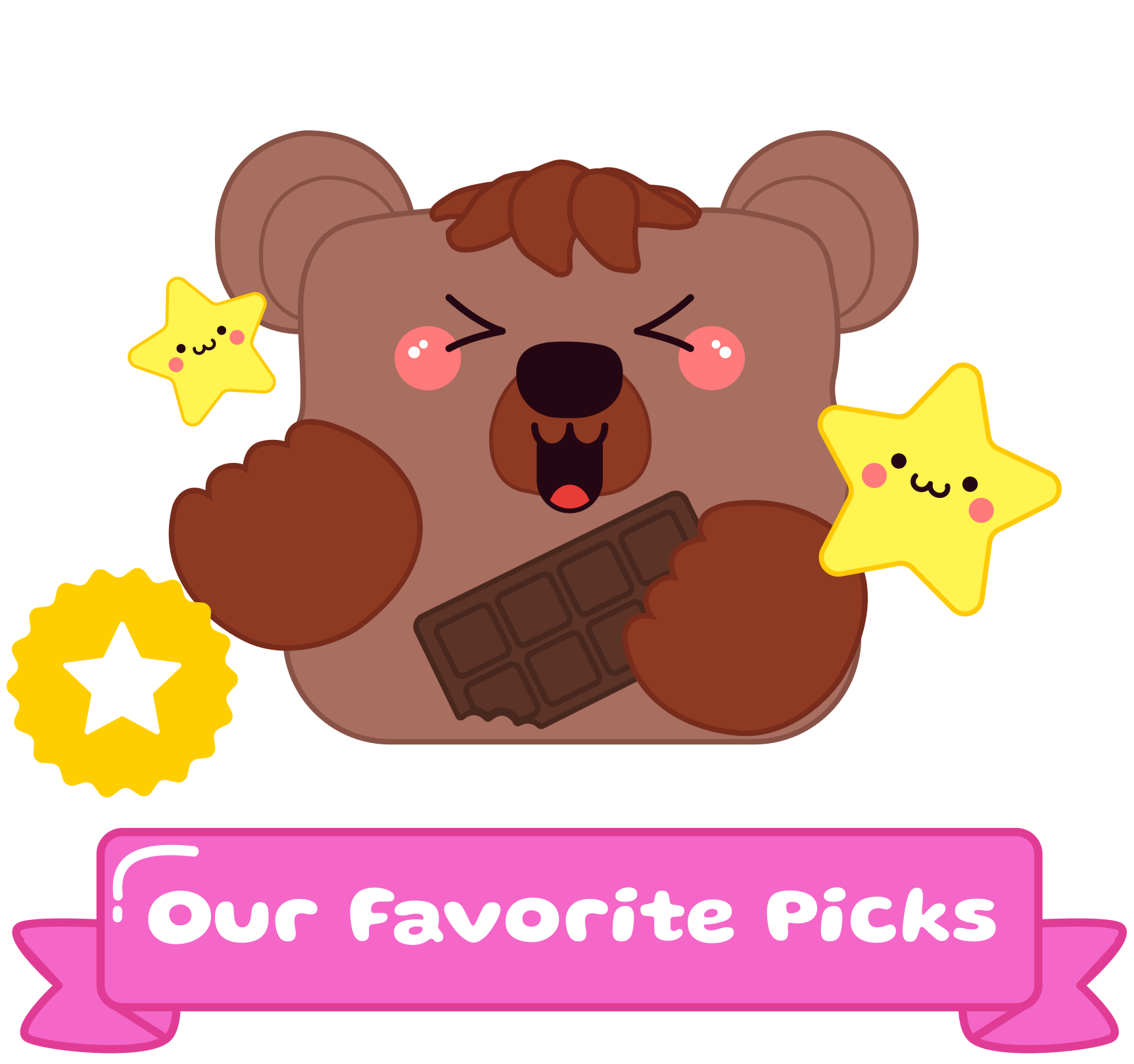 Button the bear Mushykinz taba squishy holding a chocolate bar with stars and a 'Our Favorite Picks' banner on a white background