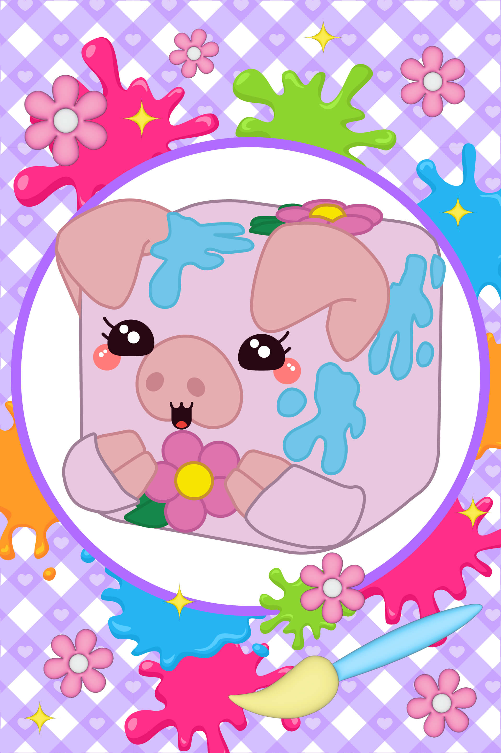 Bubbles the pig Mushykinz taba squishy character with colorful paint splashes on a checkered background