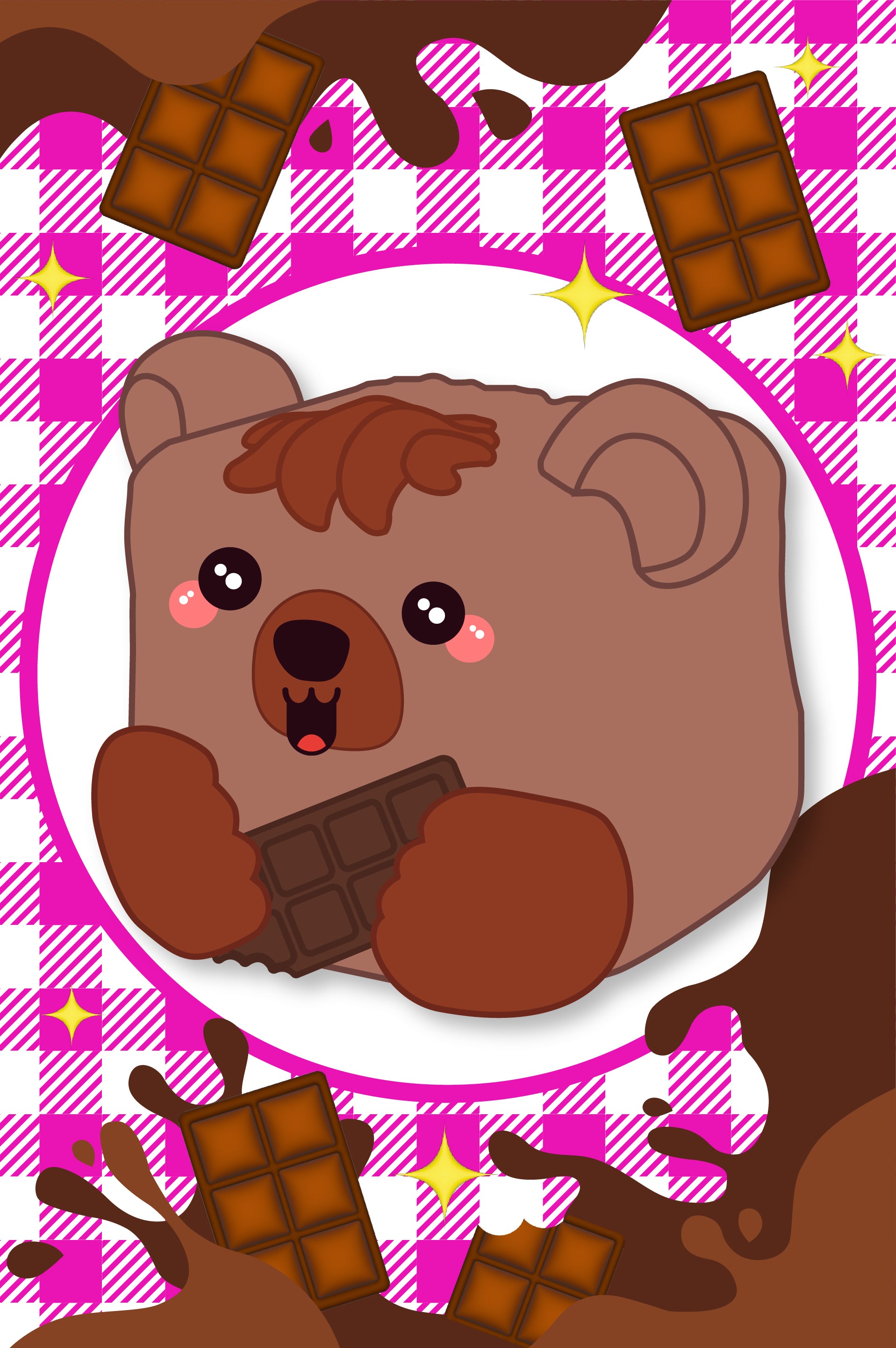 Button the bear Mushykinz taba squishy holding a chocolate bar on a pink checkered background