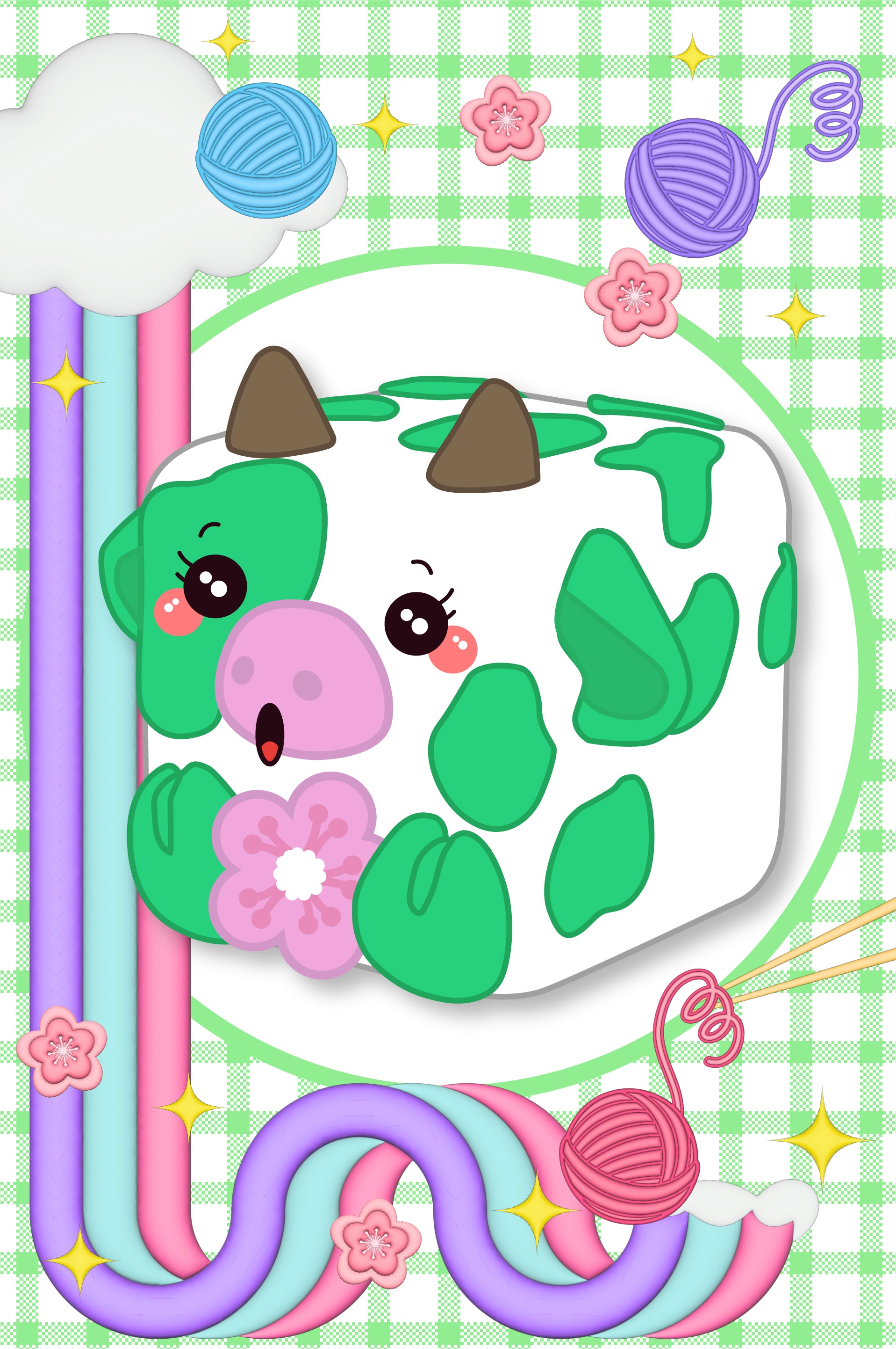 Chip the cow Mushykinz taba squishy character with yarn on a green checkered background