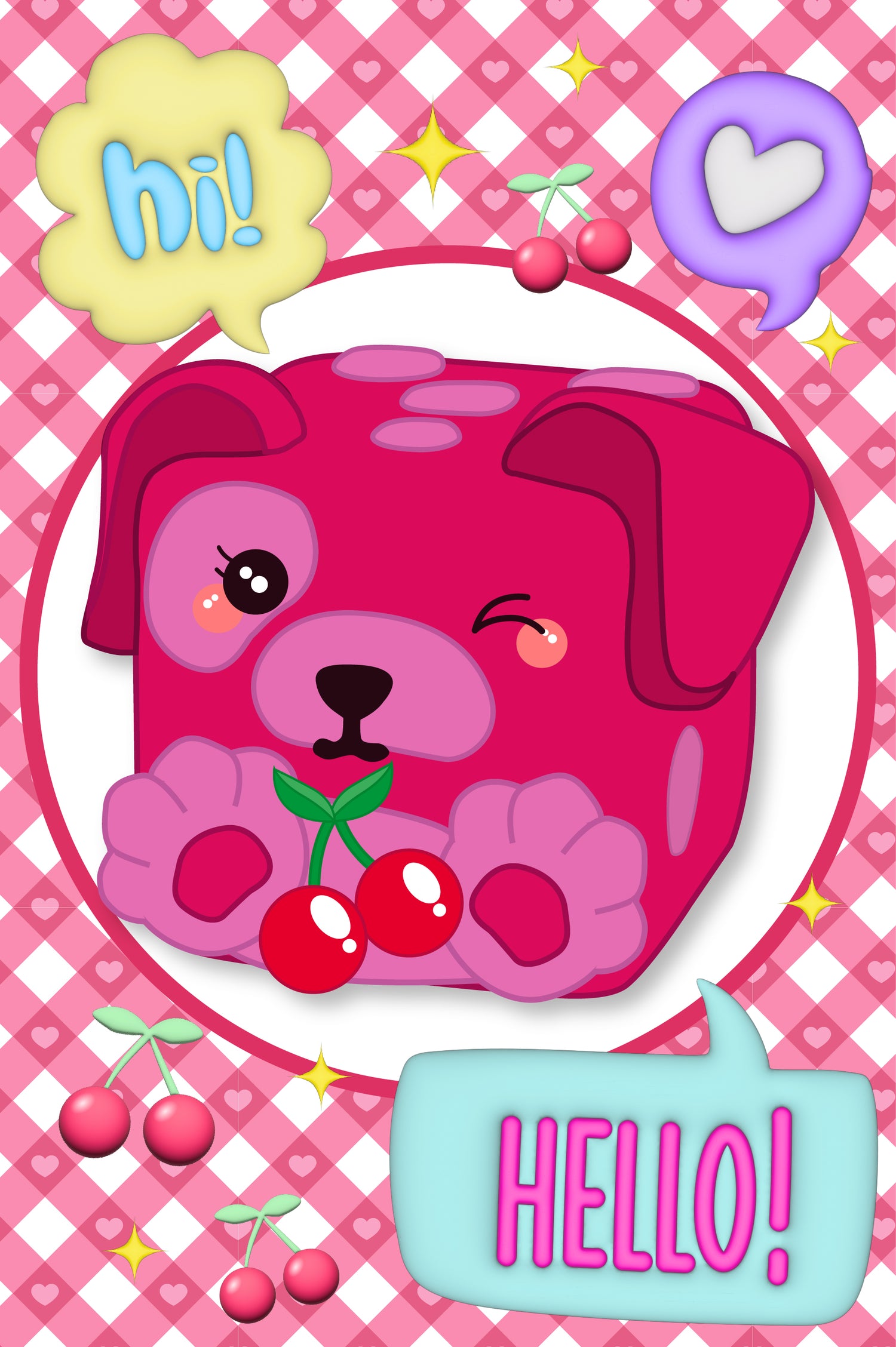 Shirley the dog Mushykinz taba squishy character with cherries on a pink checkered background