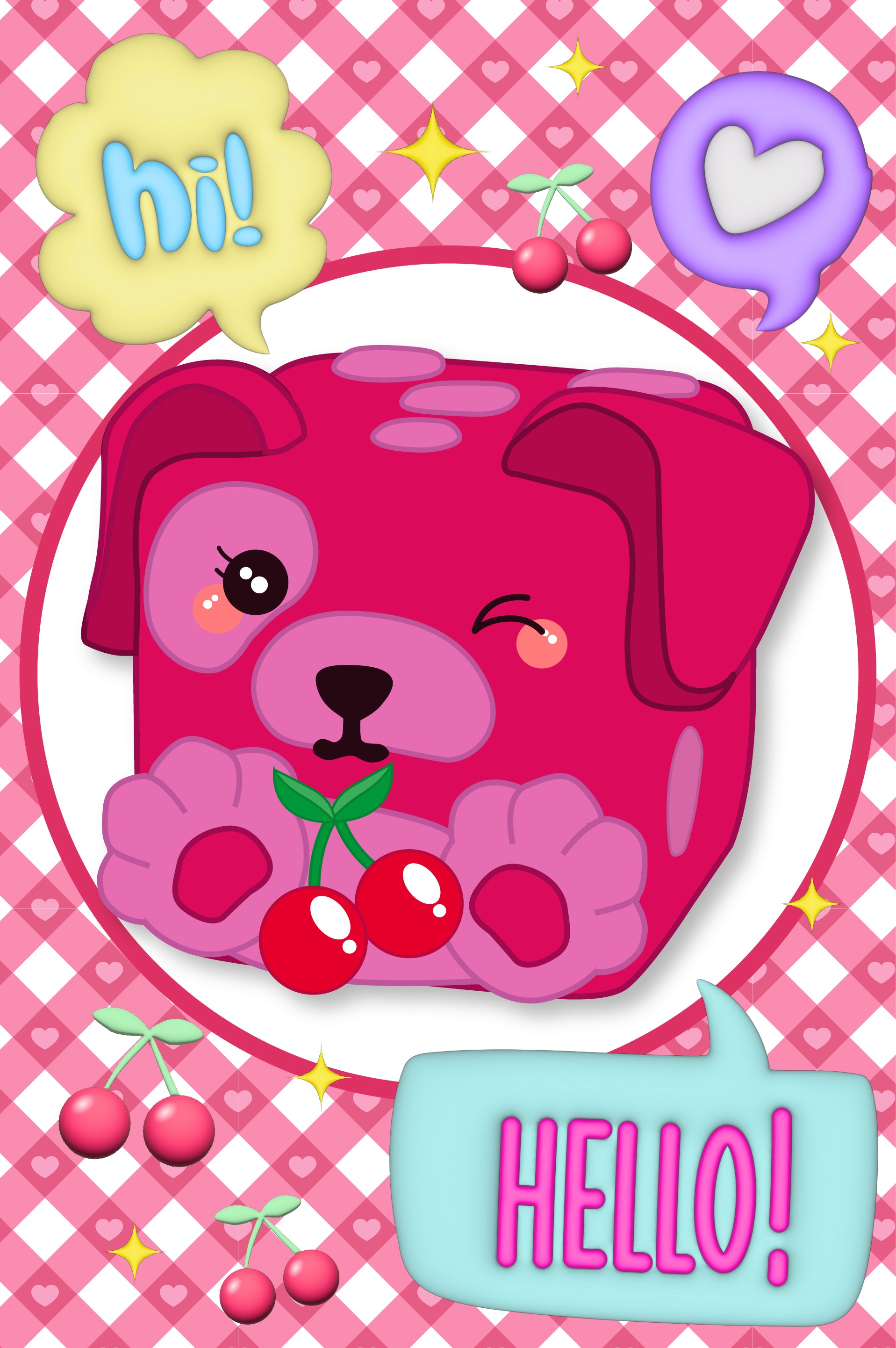 Shirley the dog Mushykinz taba squishy character with cherries on a pink checkered background