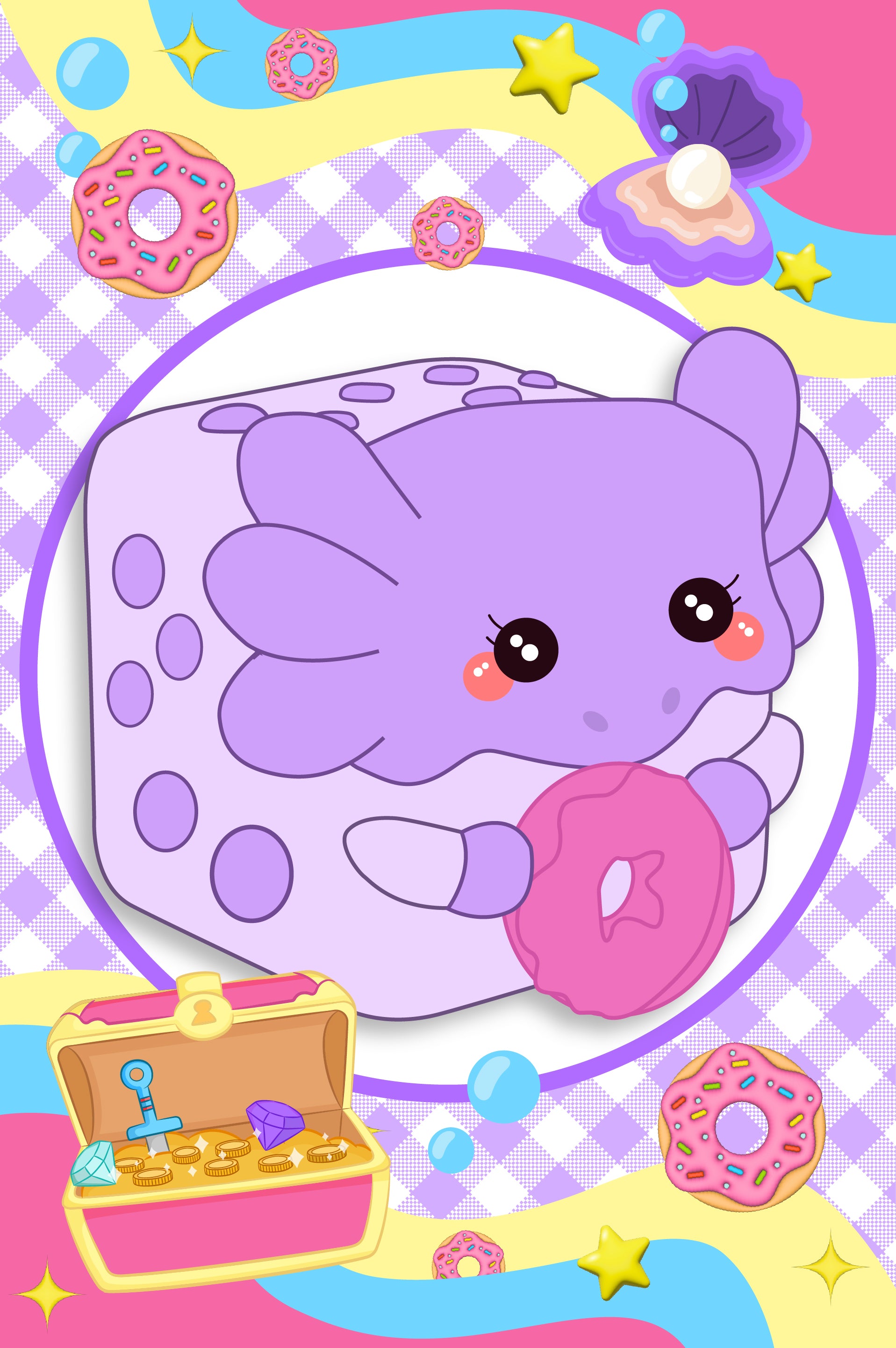 Mochi the Axolotl Mushykinz taba squishy character with donut on a purple checkered background