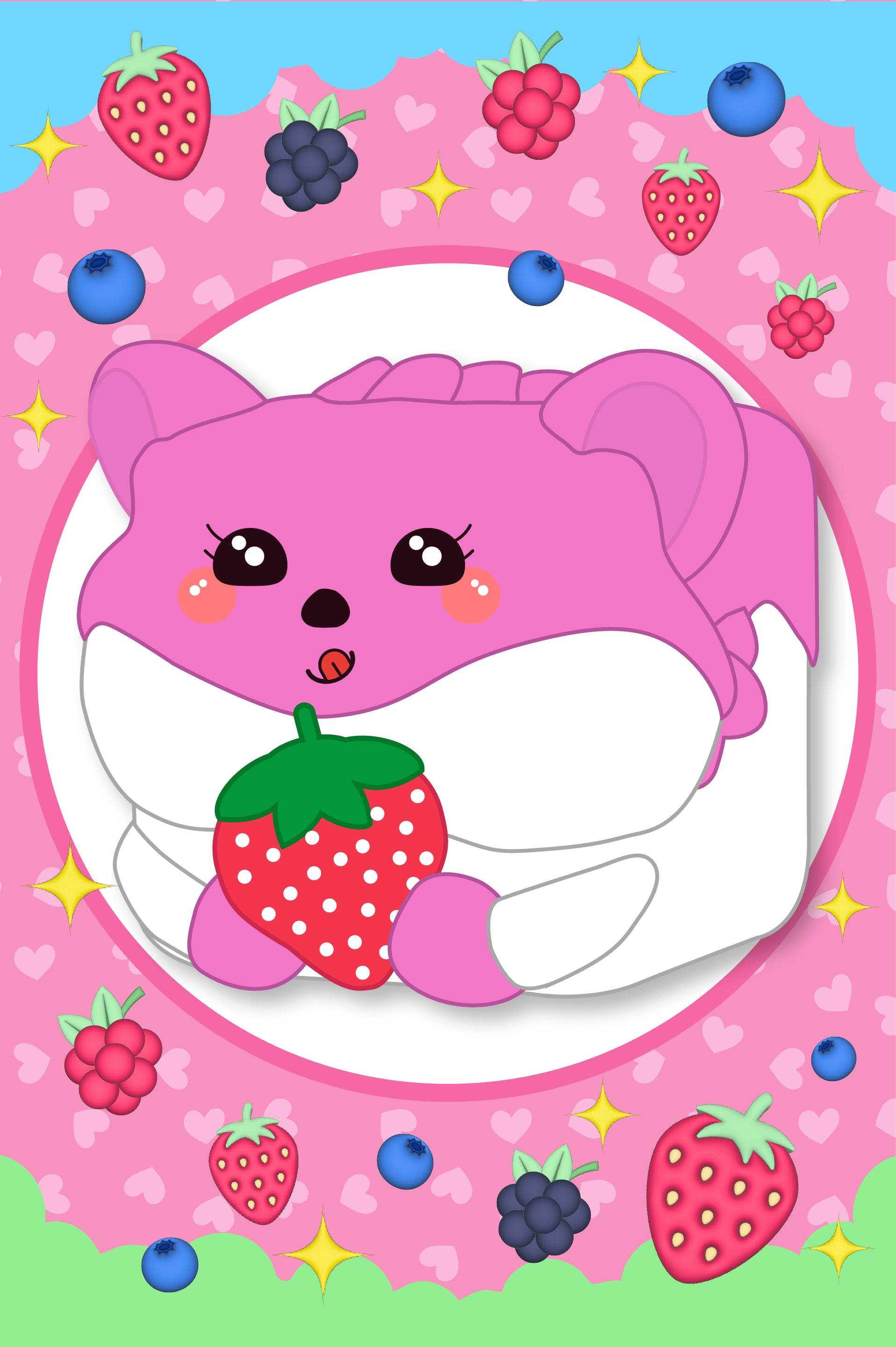 Rosy the hamster Mushykinz taba squishy holding a strawberry on a pink background with berries and stars