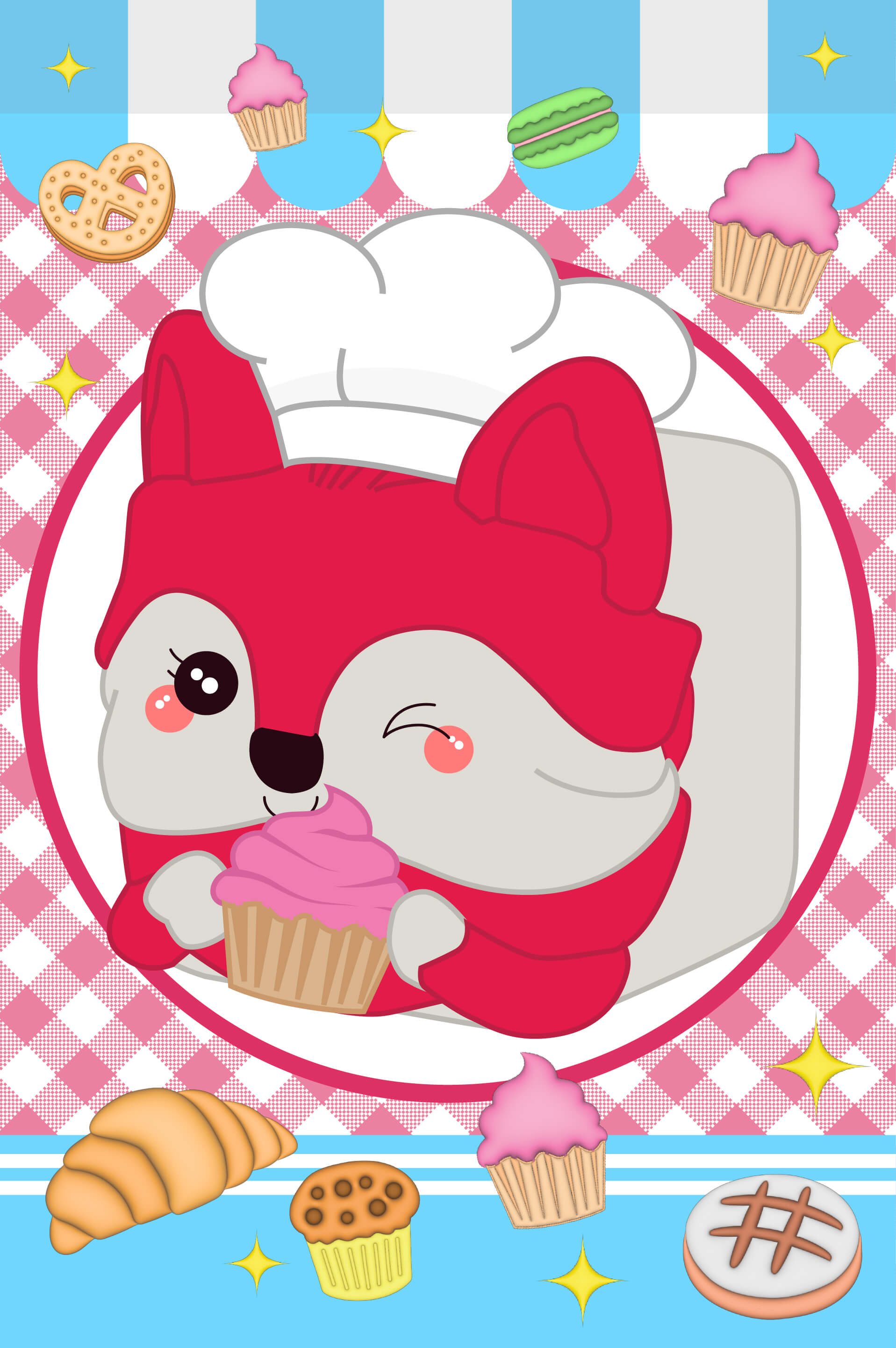 Misty the fox Mushykinz taba squishy character in a chef's hat with a cupcake on a checkered background with pastries.