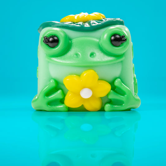 Lily the frog Mushykinz taba squishy front view on a blue background