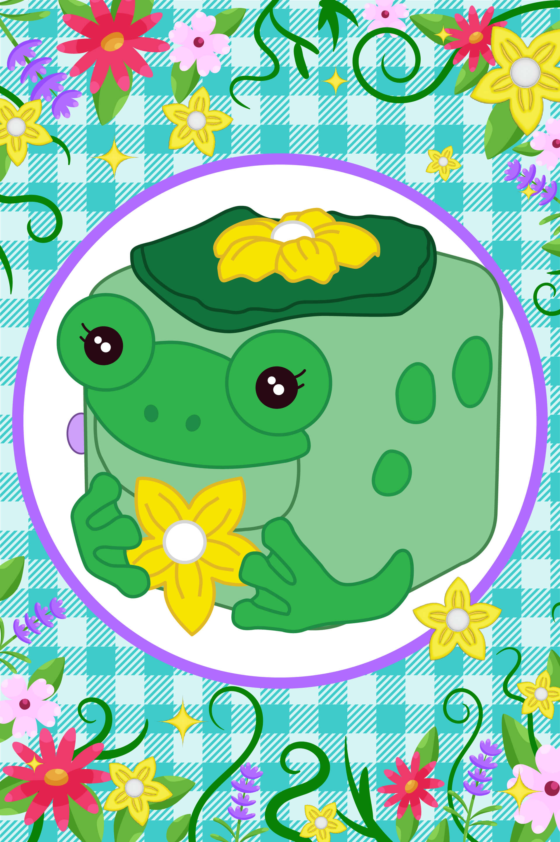 Lily the frog Mushykinz taba squishy with flowers on a colorful checkered background