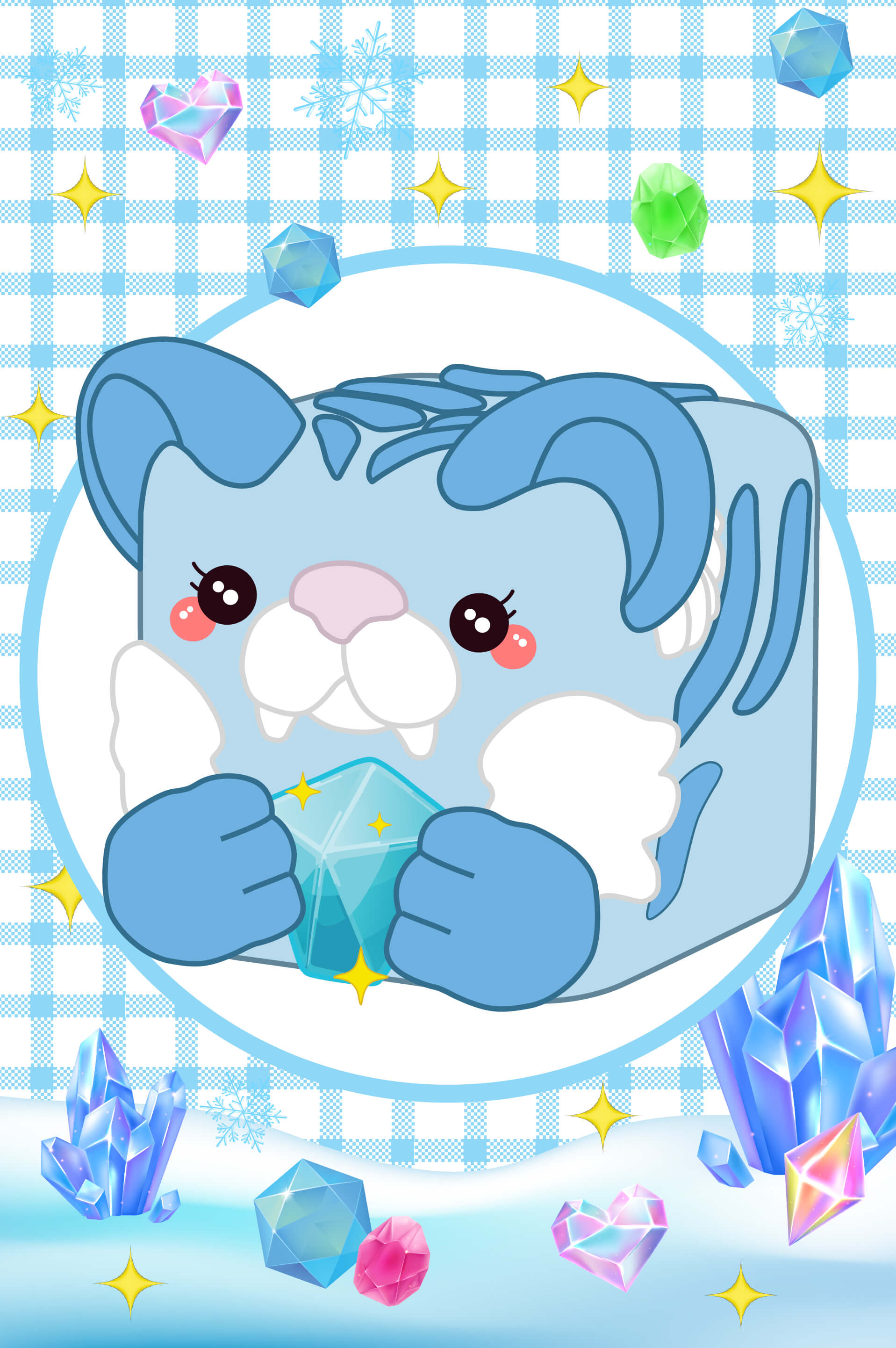 Misty the tiger Mushykinz taba squishy character in a blue ice block with crystals and snowflakes on a checkered background