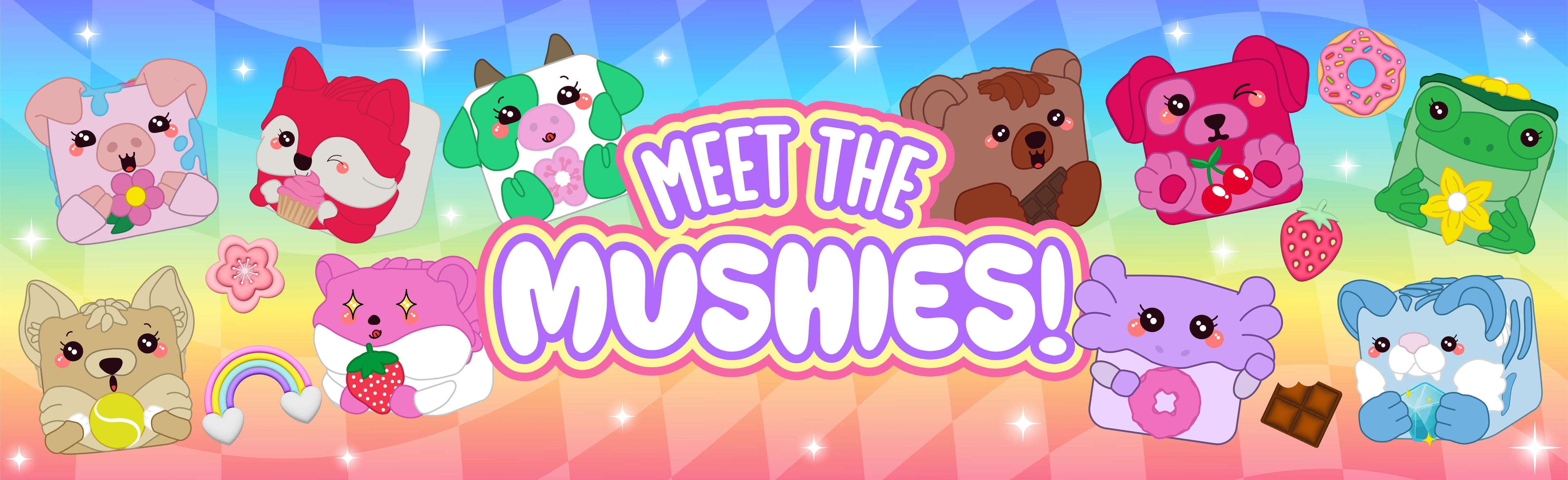 Banner with colorful Mushykinz taba squishy characters and 'Meet the Mushies!' text on a gradient background.